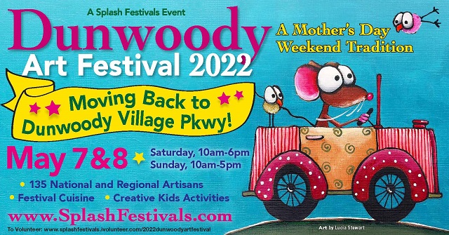 Dunwoody Art Festival 2022 ad with cartoon rat and bird in convertible