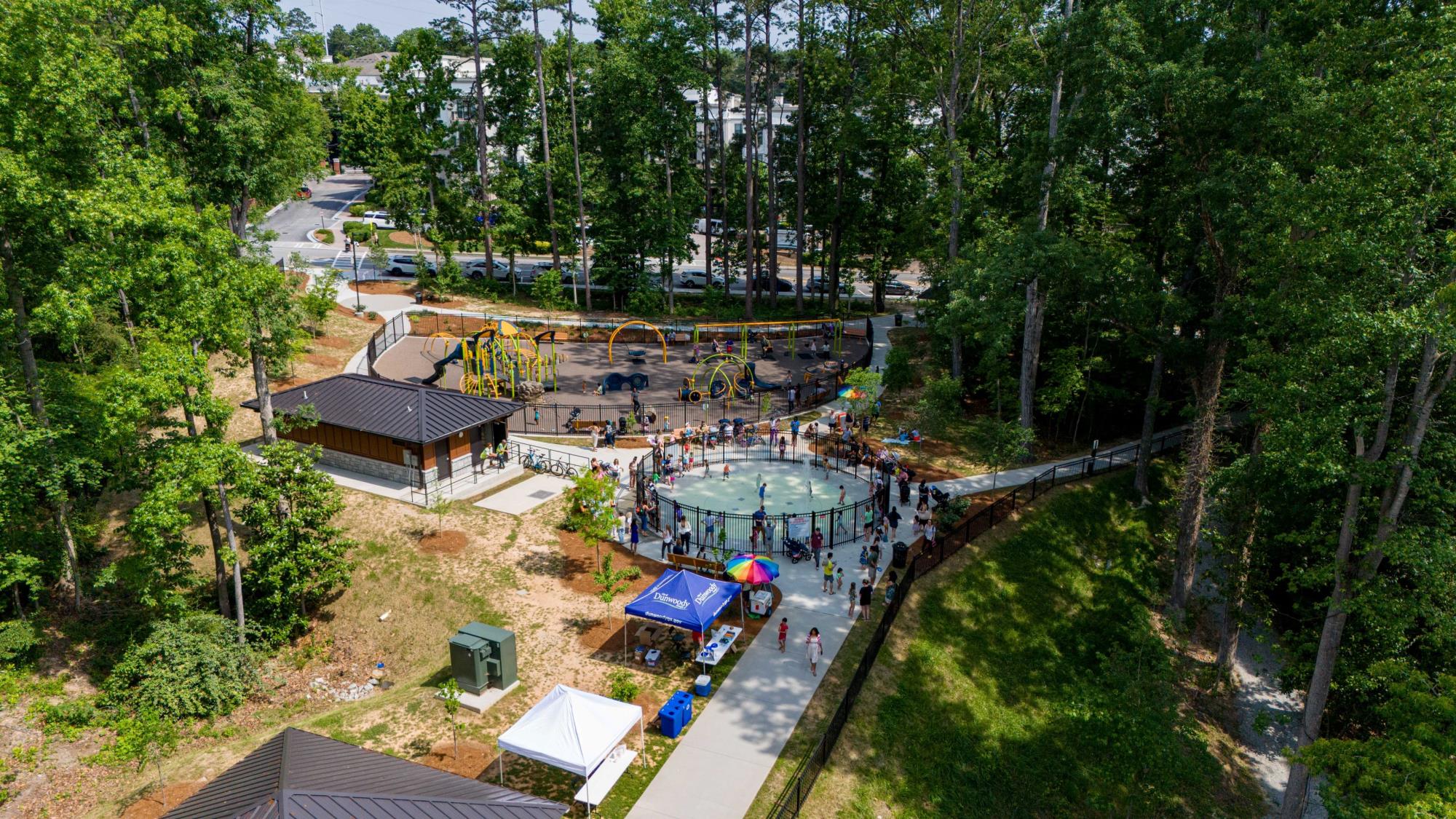 Aerial view of Two Bridges Park playground and splash pad